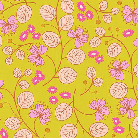 Floral pattern with pink flowers and leaves on a green background,
