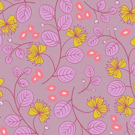 Floral pattern with pink and yellow flowers on a purple background,