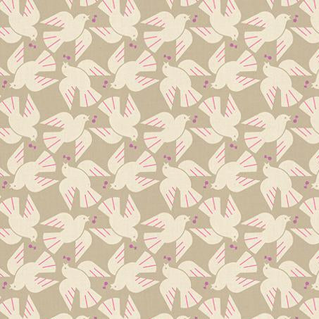 Pattern of white doves with pink accents on a beige background