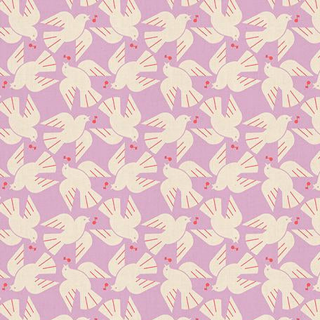 A repeating fabric pattern featuring cream-colored doves with small red berries on a light lavender background