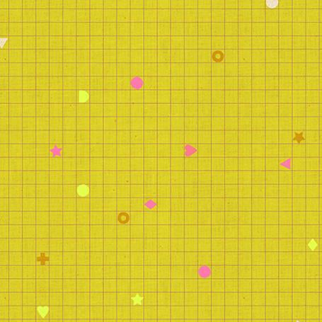 Yellow grid pattern with colorful geometric shapes on a fabric swatch