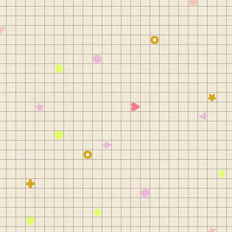 Grid pattern with colorful geometric shapes on a beige background