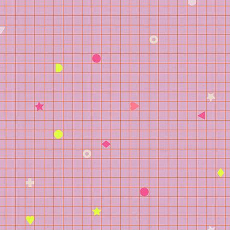 Grid pattern with colourful shapes on a pink background