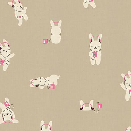 Fabric with cartoon rabbits wearing headphones on a neutral background, 