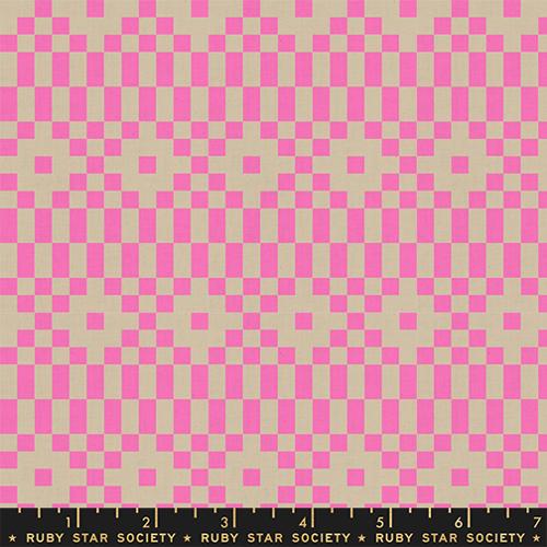Checkered pattern with pink and beige squares on a fabric swatch.