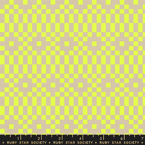 Checkered pattern with green and beige squares on a fabric swatch, featuring Ruby Star Society label.