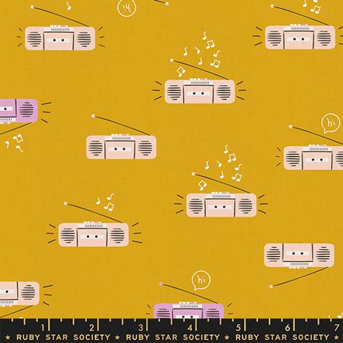 Pattern of vintage radios and music notes on a mustard yellow background with Ruby Star Society label.
