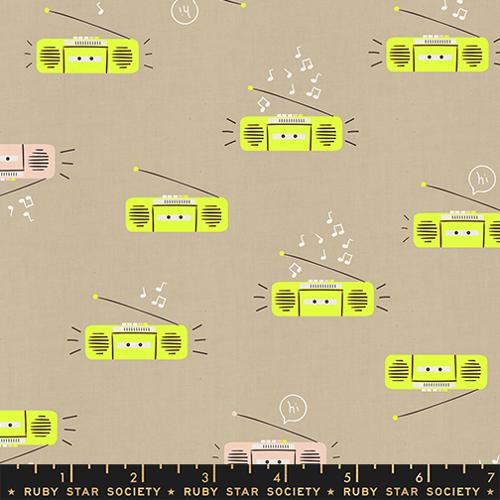 Fabric with retro radio pattern on a beige background, featuring the Ruby Star Society label.