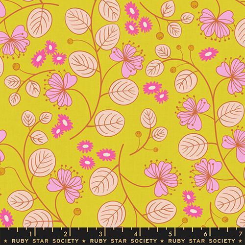 Floral pattern with pink flowers and leaves on a green background, featuring Ruby Star Society label.