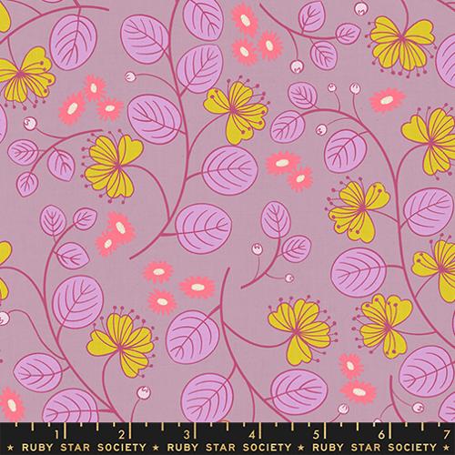 Floral pattern with pink and yellow flowers on a purple background, featuring Ruby Star Society label.