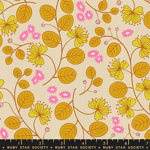 Floral and leaf pattern fabric with a ruler at the bottom, featuring Ruby Star Society branding.