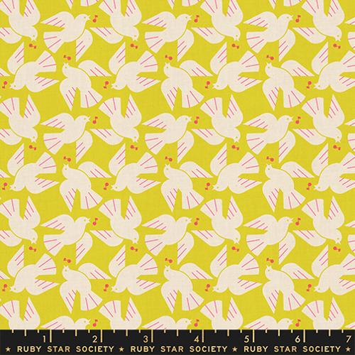 Pattern of white doves with pink wings on a yellow background, featuring a Ruby Star Society label.