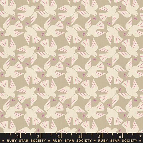 Pattern of white doves with pink accents on a beige background, featuring Ruby Star Society label.