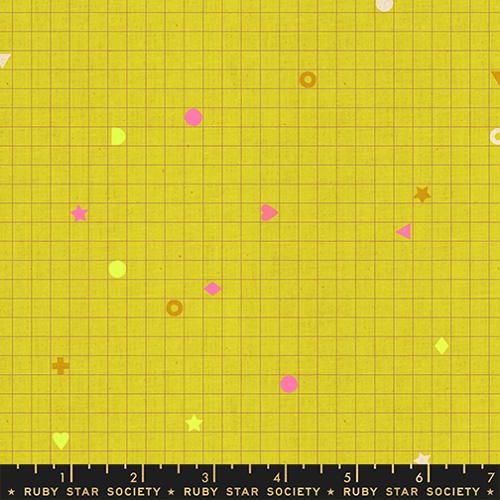Yellow grid pattern with colorful geometric shapes on a fabric swatch, featuring Ruby Star Society label.