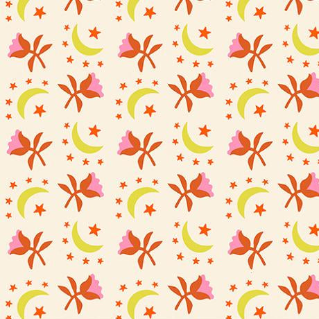 Patterned fabric with colorful flowers and moons on a beige background