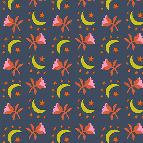 Patterned fabric with flowers, moons, and stars on a blue background