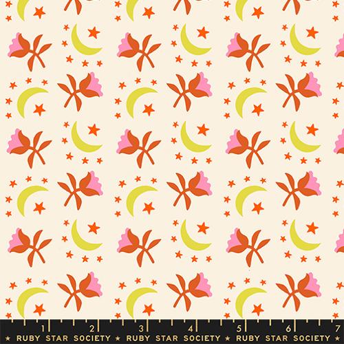 Patterned fabric with colorful flowers and moons on a beige background, featuring Ruby Star Society label.