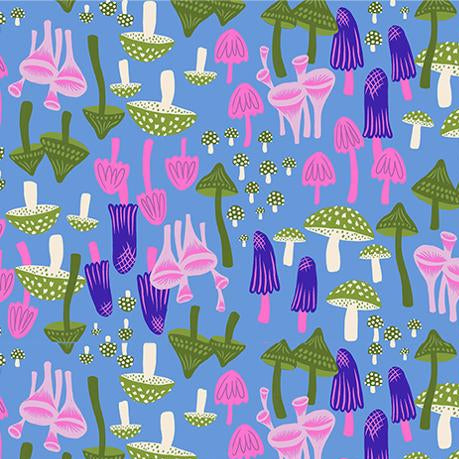 Pattern of colourful mushrooms on a blue background 