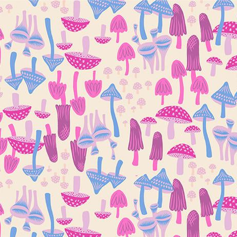 Pattern of colourful mushrooms on a beige background 