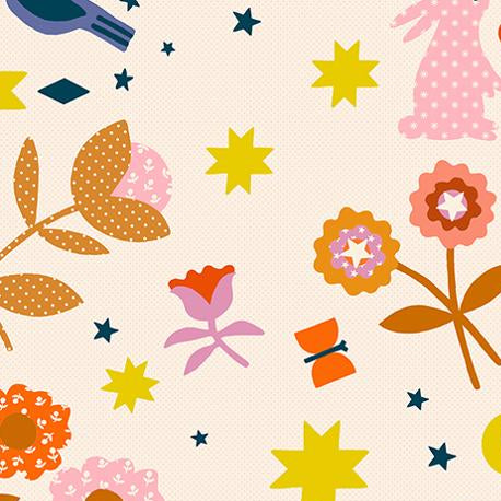 Colorful fabric pattern with flowers, stars,