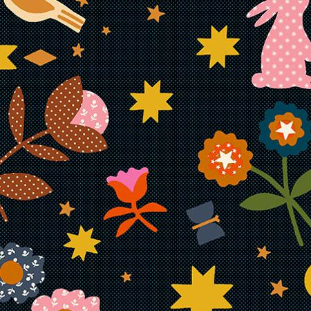 Coloruful fabric pattern with flowers, stars, and other shapes on a black background