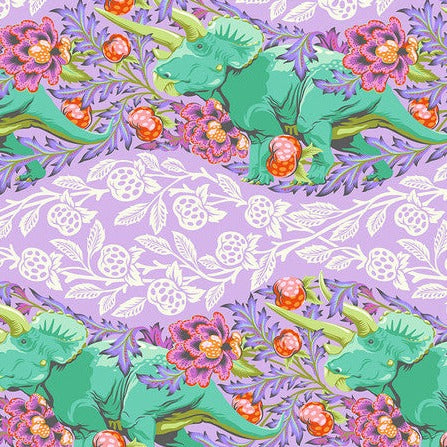 Colorful pattern with green dinosaurs, flowers, and white floral elements on a purple background