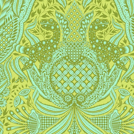 Decorative pattern with dinosaurs and intricate designs on a green background