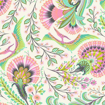 Colorful floral and feather pattern on a light background