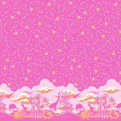 Pink landscape with palm trees, giraffes, and stars on a pink background