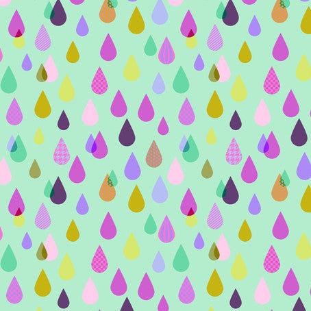Colorful raindrop pattern on a light green background