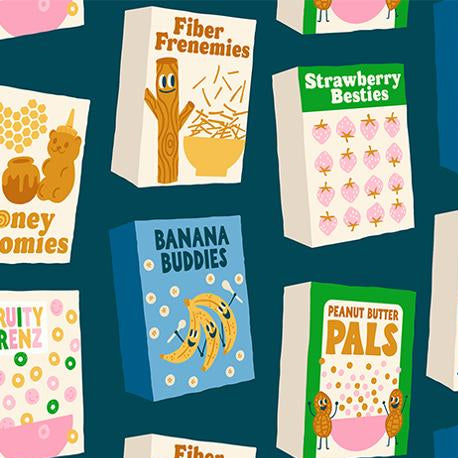 Pattern of children's cereal boxes with colorful designs on a blue background