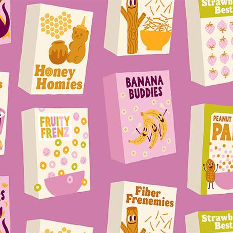 Pattern of colourful cereal boxes with text and graphics on a purple background