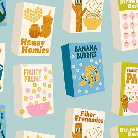 Pattern of children's cereal boxes with colourful designs and text on a blue background.