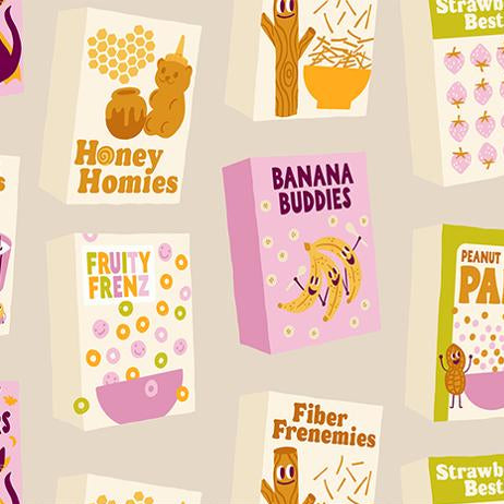 Fabric with colourful cereal box covers featuring characters and text.