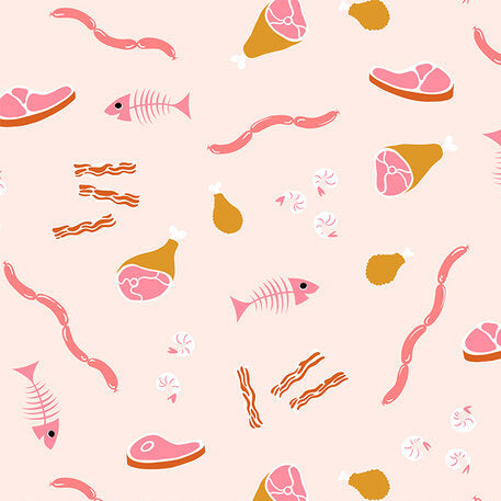 Pattern of food items like fish, meat, and bacon on a pink background 