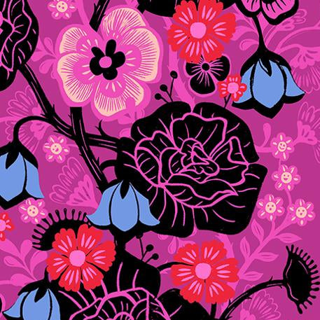 Floral pattern with black, pink, and blue flowers on a pink background.