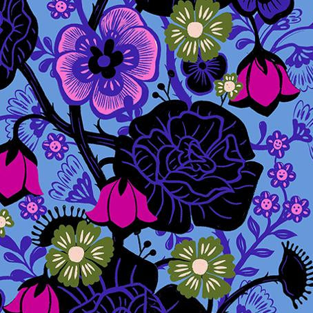 Colorful floral pattern with black outlines on a blue background.