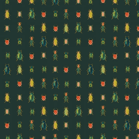 Pattern of colorful beetles on a dark green background