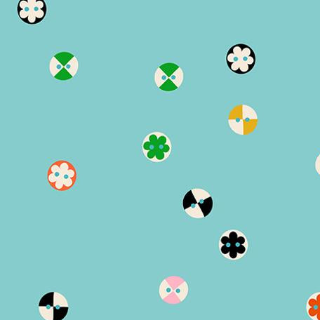 Pattern of colorful geometric shapes on a blue background 