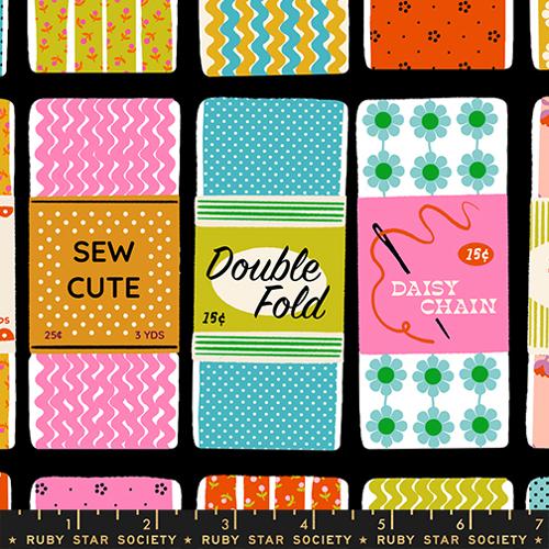Patterned fabric with various designs and text on a black background, 
