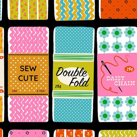 Patterned fabric with various designs and text on a black background