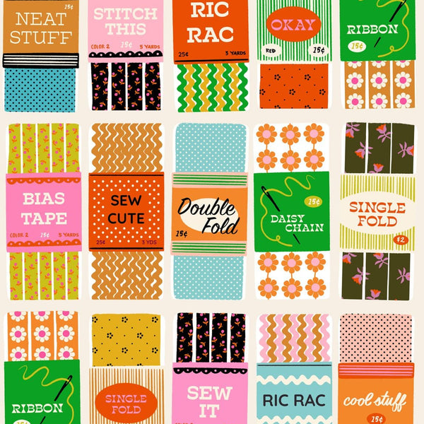 Collection of colorful fabric packaging with various patterns and text on a white background
