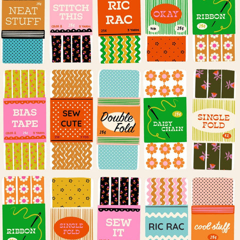 Collection of colorful fabric packaging with various patterns and text on a white background