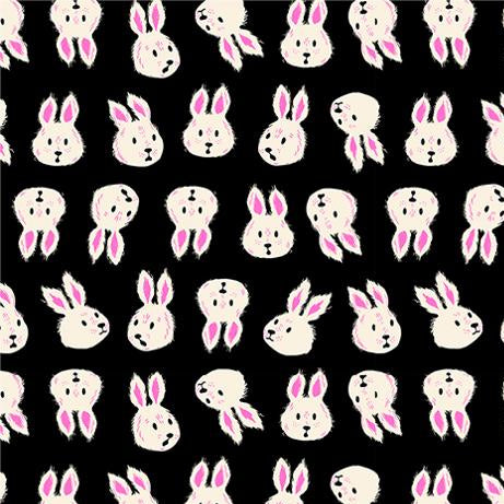 Pattern of white bunnies with pink ears on a black background