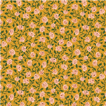 Pattern of small pink roses on a yellow background