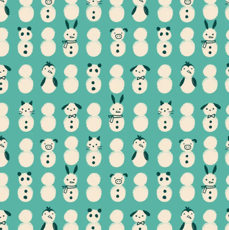 Pattern of cartoon snowmen and animals on a teal background