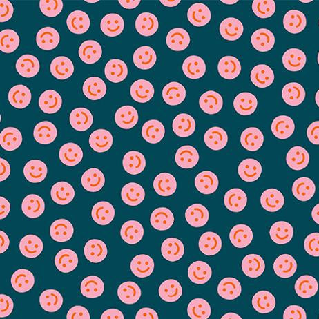 Pattern of pink smiley faces on a teal background 