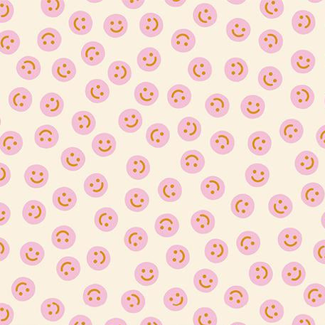Pattern of pink smiley faces on a beige background 