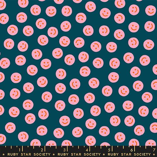 Pattern of pink smiley faces on a teal background with Ruby Star Society label.