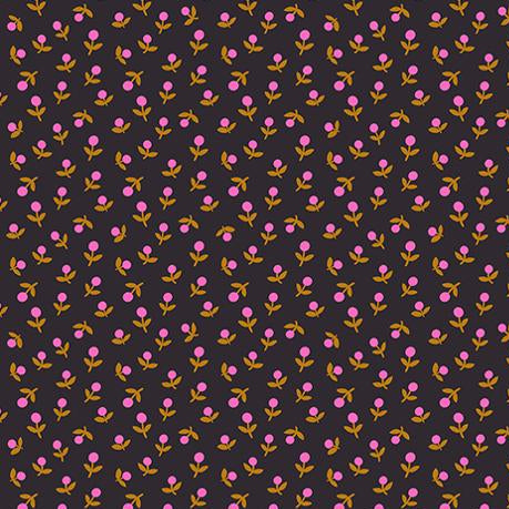 Pattern of pink flowers with yellow stems on a black background,